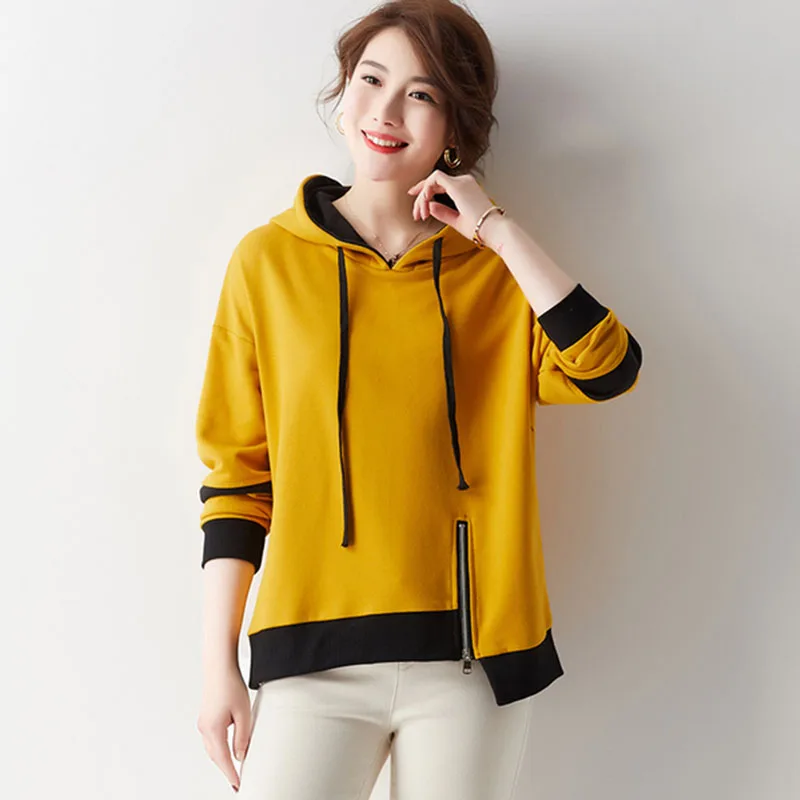 

WYWAN 2021 spring loose women's sweaters look thinner hem zipper hood drawstring stitching sweater women winter 5XL
