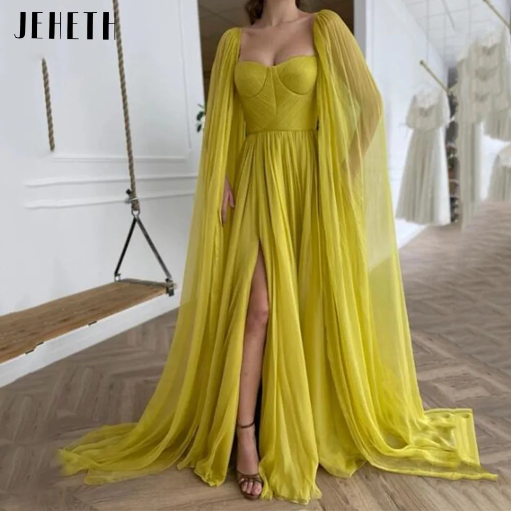 JEHETH Yellow Long Cape Sleeves Chiffon Bohemian Prom Dresses 2922 Backless Vintage Square Neck Side Split Party Gowns Plus Size