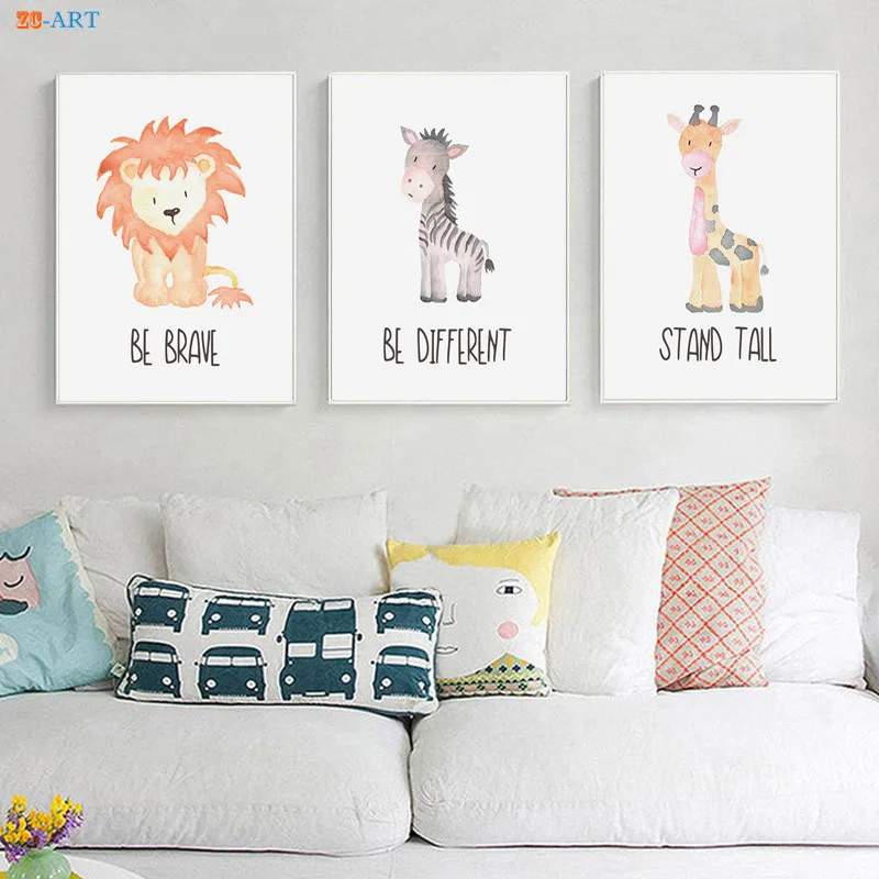 Мультфильм плакат для малышей с принтом животными лев картина слона на холсте