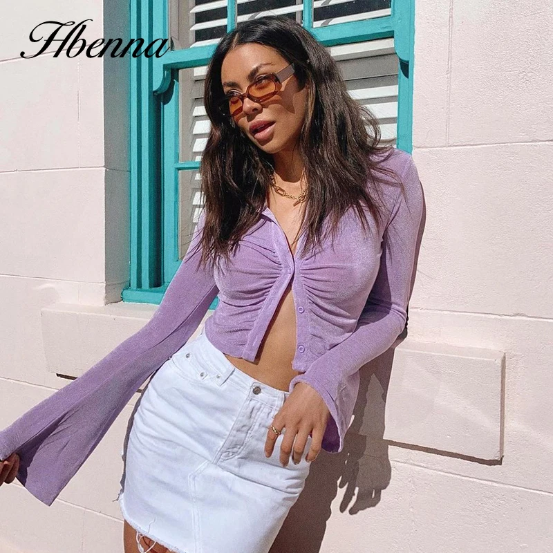Женская футболка Hbenna на пуговицах с воротником расклешенные рукава укороченные