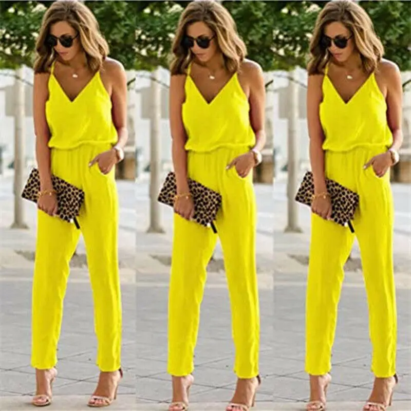 

Sexy Women Off Shoulder Jumpsuit Romper Sleeveless Spaghetti Strap Bodycon Jumpsuit 3 Color Solid Romper Trousers Party Clubwear