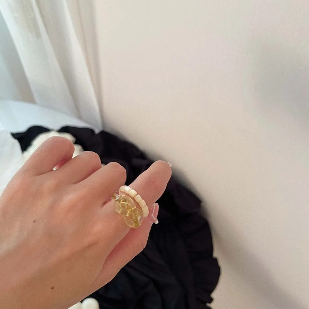 

Chic Colorful Resin Cross Knot Rings for Women Rainbow Beads Chunky Link Chain Ring Minimalist Summer Jewelry