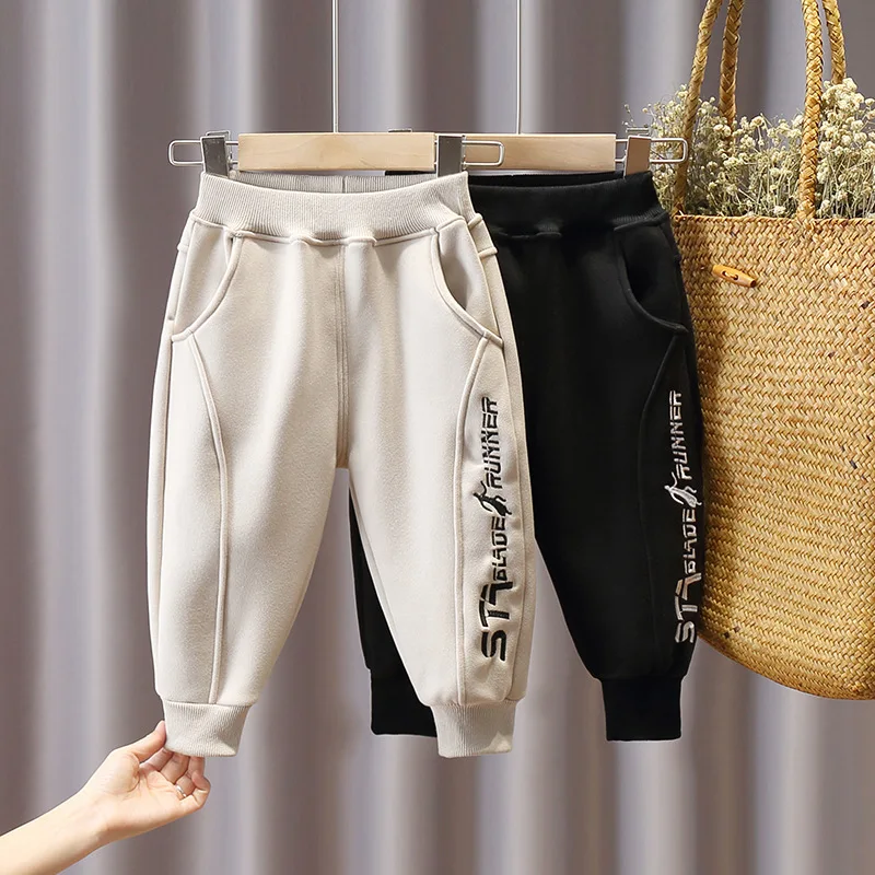 

Boys winter loose warm trousers children's sports plus velvet casual pants kids thick letter embroidered trousers
