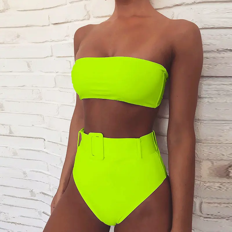 

High Waist Bikinis 2019 Women Swimsuit Female Bandeau Swimwear Sexy Neon Thong Bikini Set Beachwear Bathing Suit Women