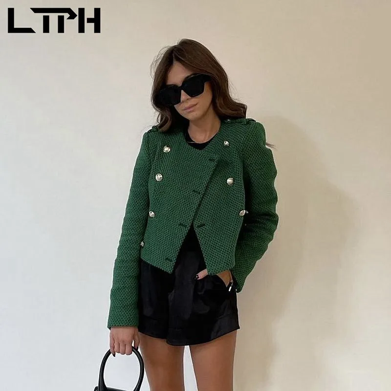 

LTPH green cropped jacket women temperament double breasted textured woven coat cardigan streetwear outerwear 2021 autumn new