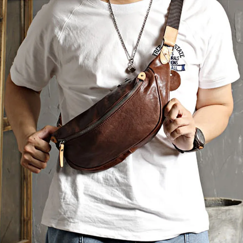 Original handmade leather chest bag vegetable tanned soft leather men's belt bag simple casual men and women large capacity