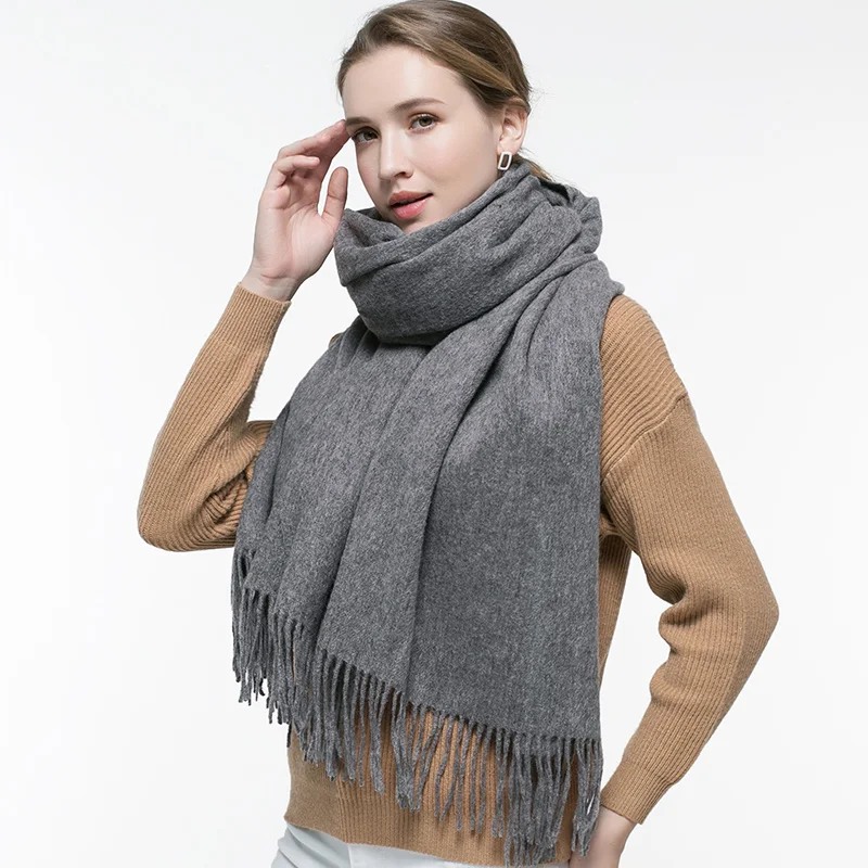 Wither Pure Wool Scarf Women Brand Thicken Warm Echarpe Wraps for Ladies Foulard Femme Solid Camel Merino Wool Scarves - Цвет: Grey