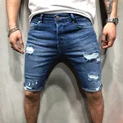 Мужские рваные джинсовые шорты, хлопковые Бермуды, дышащие синие джинсовые шорты, мужские рваные обтягивающие короткие джинсы с дырками, 2021