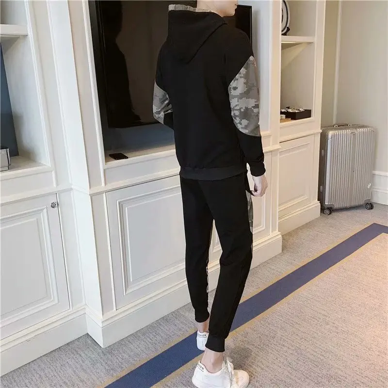 

Spring Autumn Fashion Men Sets Hip Hop Elastic Waist Trouser+Streetwear Splice Camouflage Hoodie Casual Men Clothing Hooded Set