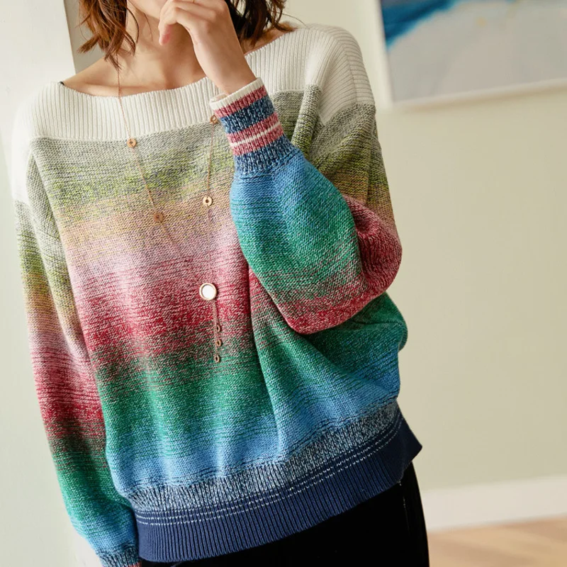 

New Gradient color word brought knit female outfit sets loose long sleeved sweater fashion
