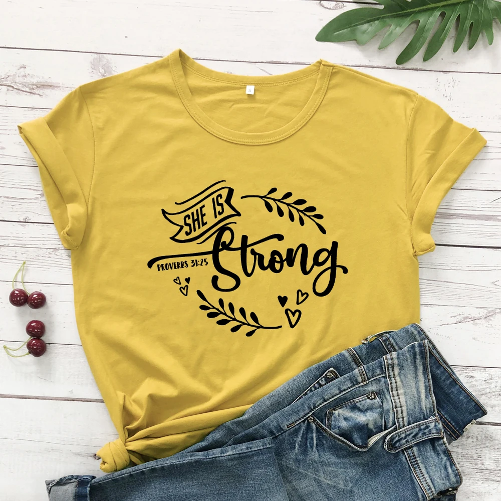 mustard-black text She Is Strong пословицы 31: 25 футболки женские Необычные графические вдохновляющие Христианские Футболки женские модные церковные Библейские стихи футболки - Цвет: mustard-black text