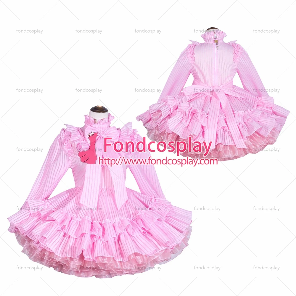 

fondcosplay adult sexy cross dressing sissy maid short French Lockable baby pink Organza Dress Uniform stripe Tailor-made[G4028]