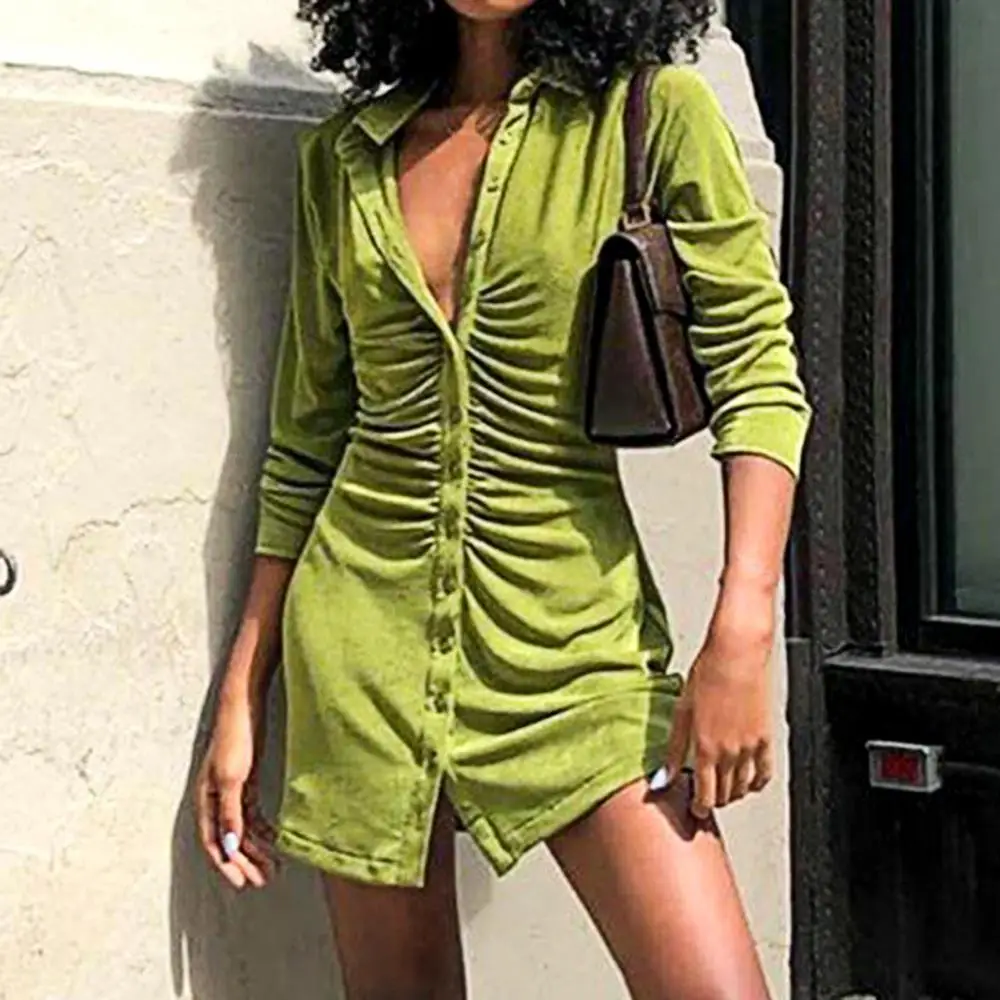 

Women Autumn Pleated Casual Long Sleeve Turn-Down Collar Button Blouse Dress