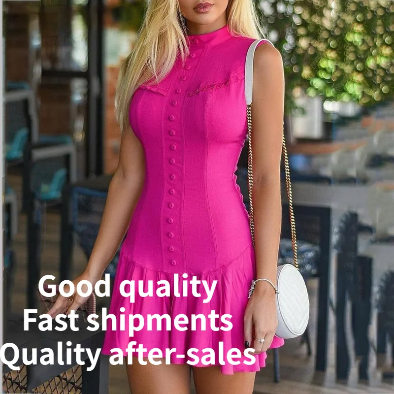 

Women's Dress Casual Ruffle Hem Sleeveless Dress Elegant Stand Collar Mini Dress Summer Casual Swing Dress Sexy Pink Dress