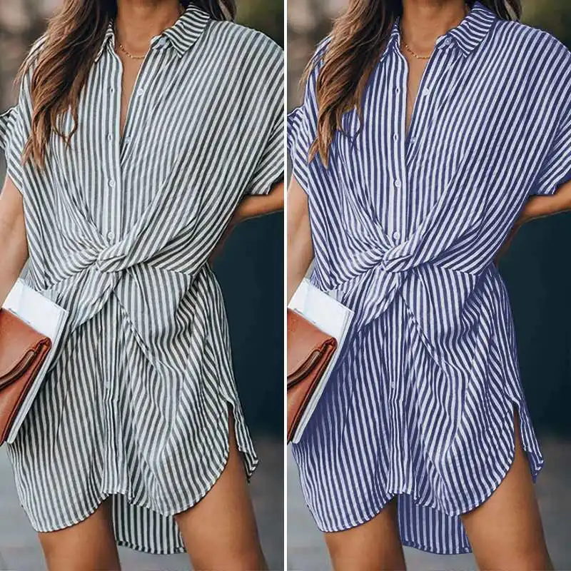 

Striped Casual Shirt Dress Women Summer 2021 new Fashion Sundress Knee-length Loose Short Sleeve Button Robe