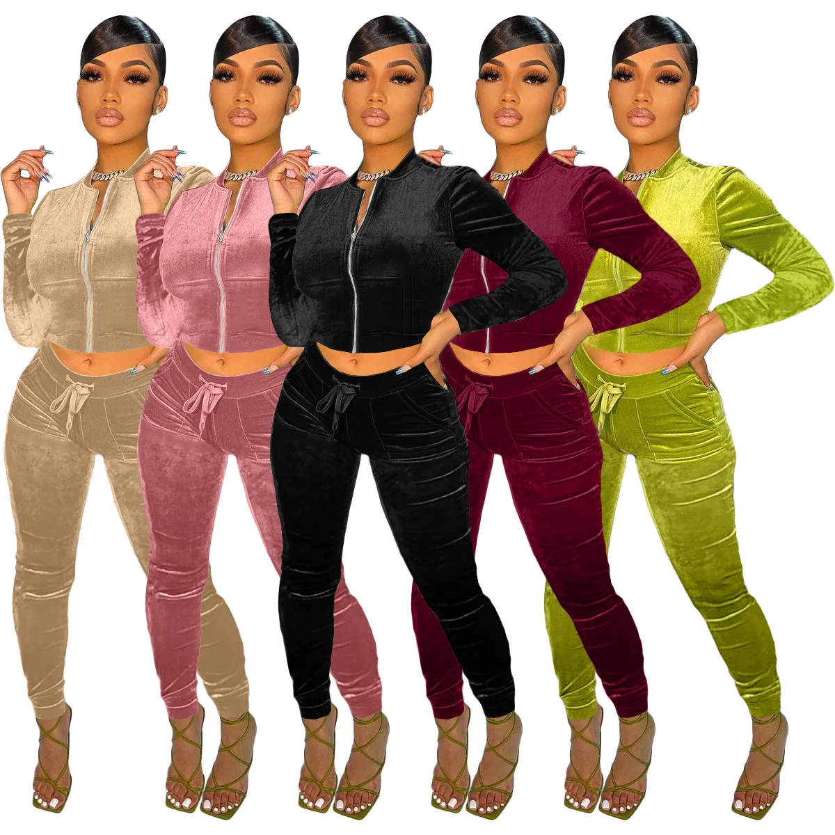 

2021 Autumn And Winter Velvet Women Two Piece Set Zipper Jacket Pants Suit Solid Color Skinny Sportsuit Clothes For Women Outfit