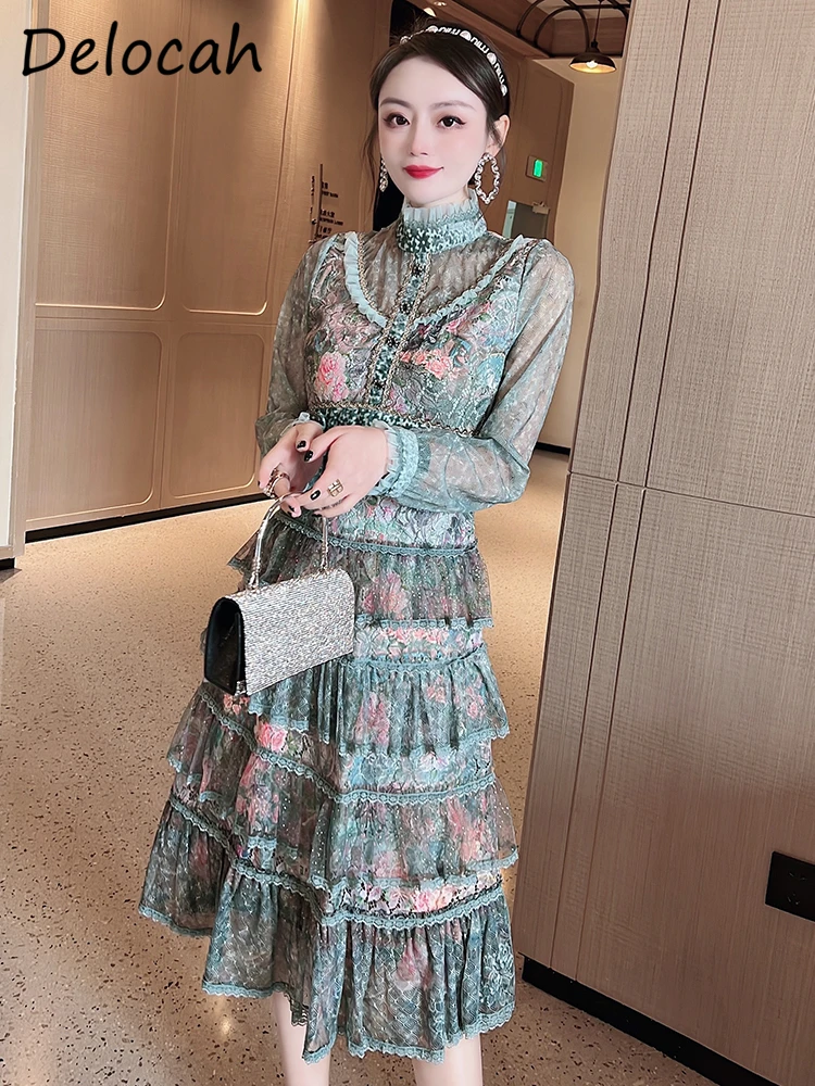 

Delocah High Quality Spring Women Fashion Designer Midi Dress Flare Sleeve Elegant Shirring Ruffle Lace Vintage Dresses Vestidos