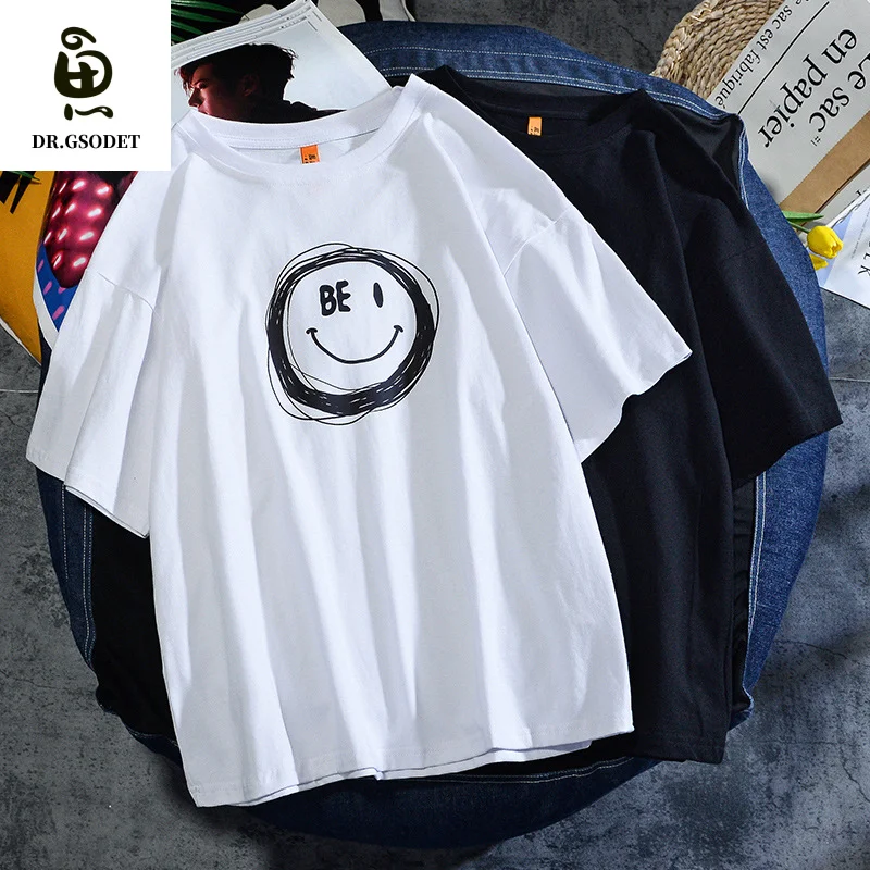 

GSODET Summer T-Shirt Couple Cotton Oversize Short-Sleeved Male and Female Personality Smiley Print Loose O-Neck Tops