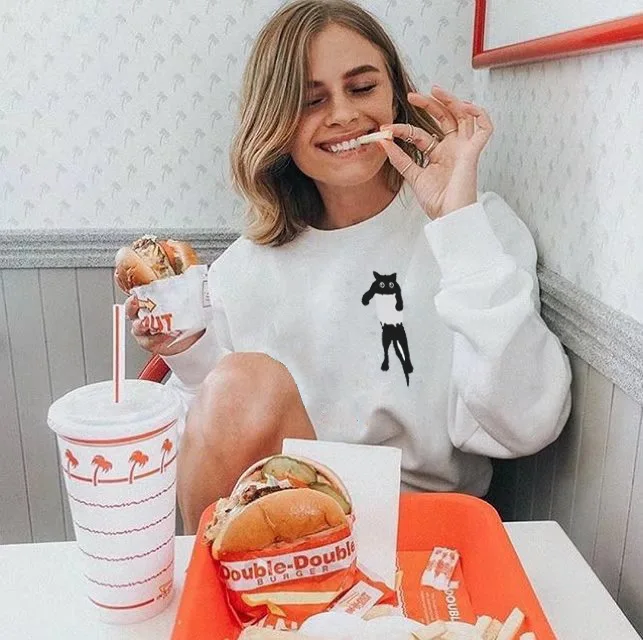 

Female Autumn Winter Sweatshir Classical Cartoon Cat O-neck Sweatshirt Long Sleeve Woman Pullover Casual