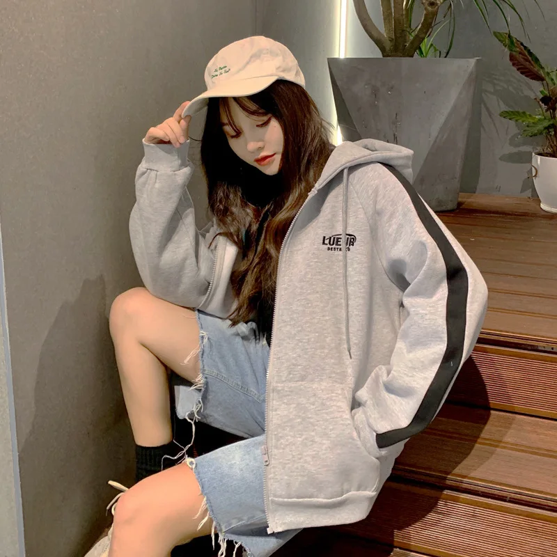 

Women Girl Hoodies Hooded Cap Winter Windproof Thermal Zipper Opening Thickened Coat Letters Prints and Pockets Street Trends
