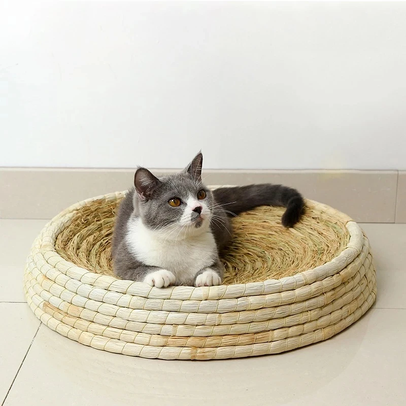 

Handmade Cat Bed for Summer Biodegradable Pet Straw Braided Bed Puppy Kennel Cat Nest Kitten Scratching Sleeping Mat Pets House