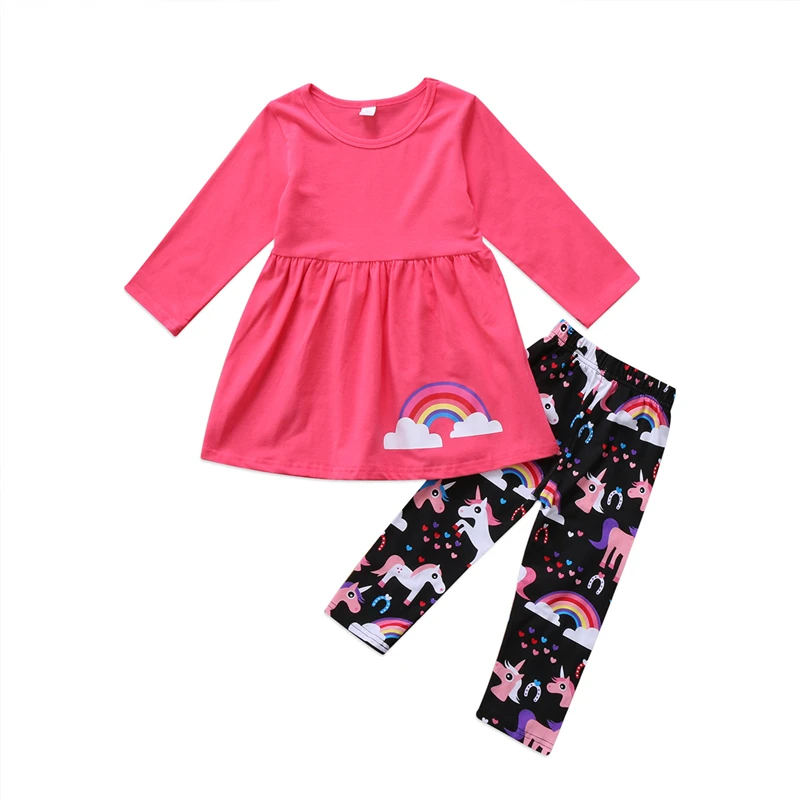 

AA Clothes For Girls Children Clothing Set Cotton Rainbow Long Sleeve T-shirt Tops Unicorn Pattern Pants Pink Girls Outfits