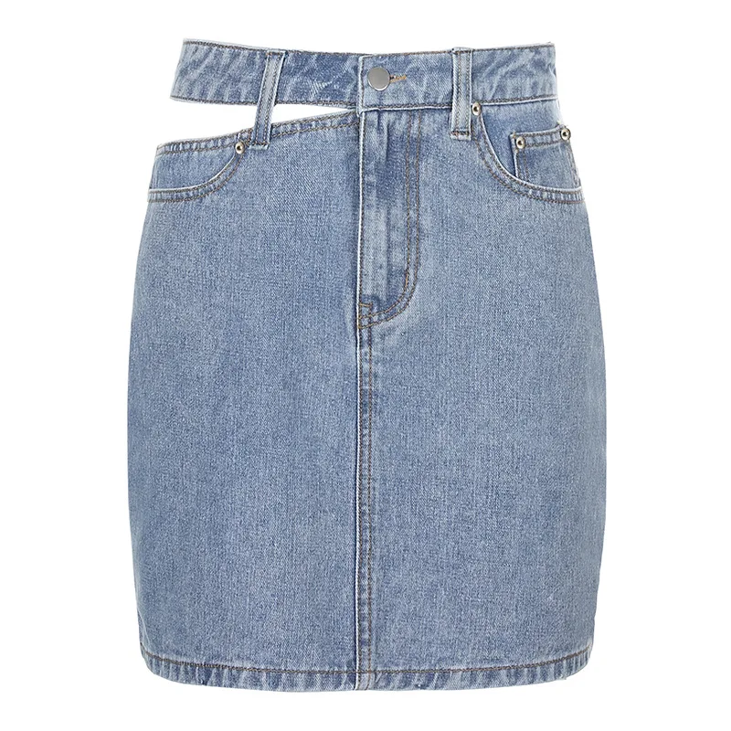 

2021 Summer Sexy Hollow Out High Waist Mini Skirt for Women Streetwear Korean Fashion Casual Chic Zipper Fly Botton Denim Skirt