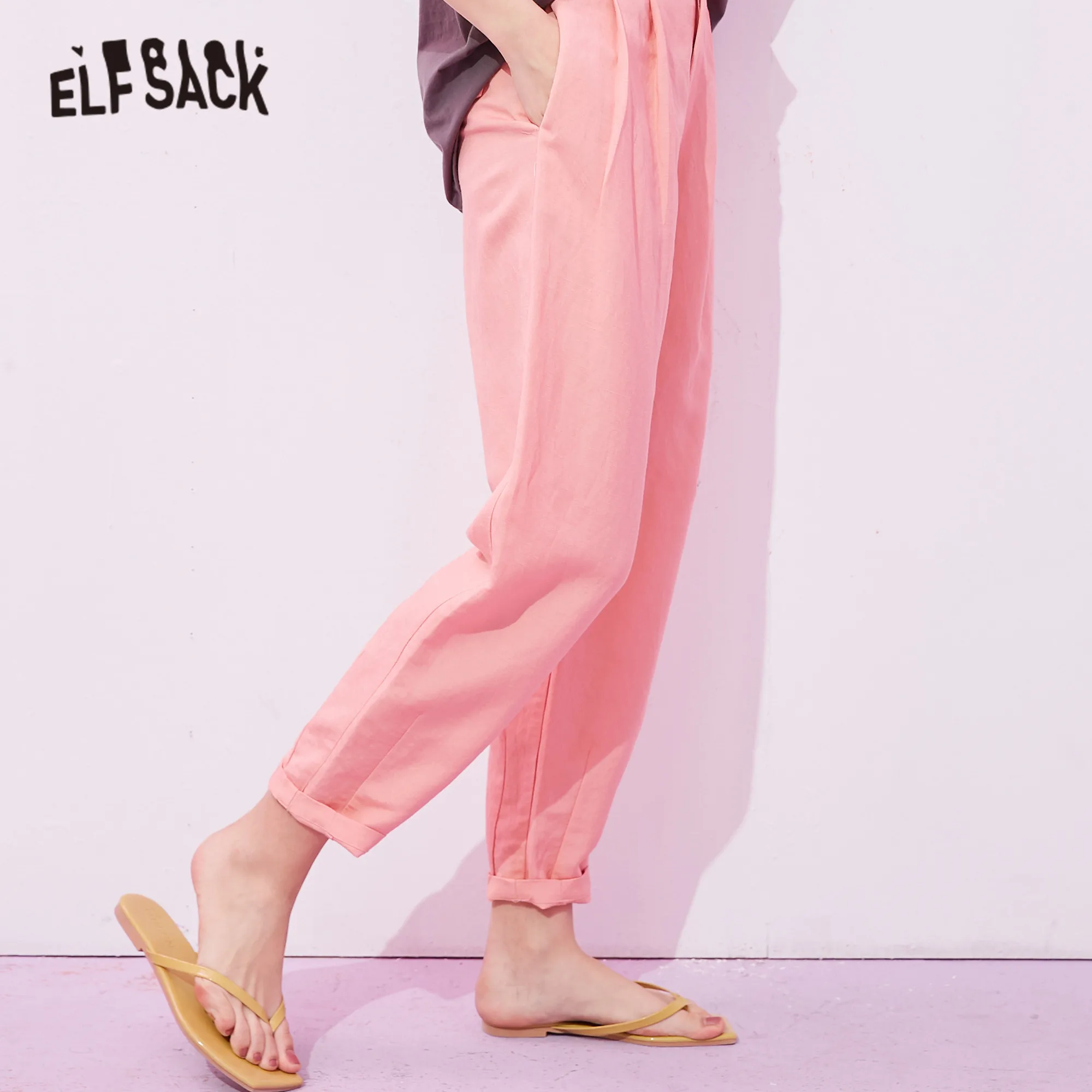 ELFSACK Solid Minimalist High Waist Straight Casual Women Trousers,2021 Spring Pure Stylish Korean Ladies Basic Daily Bottom