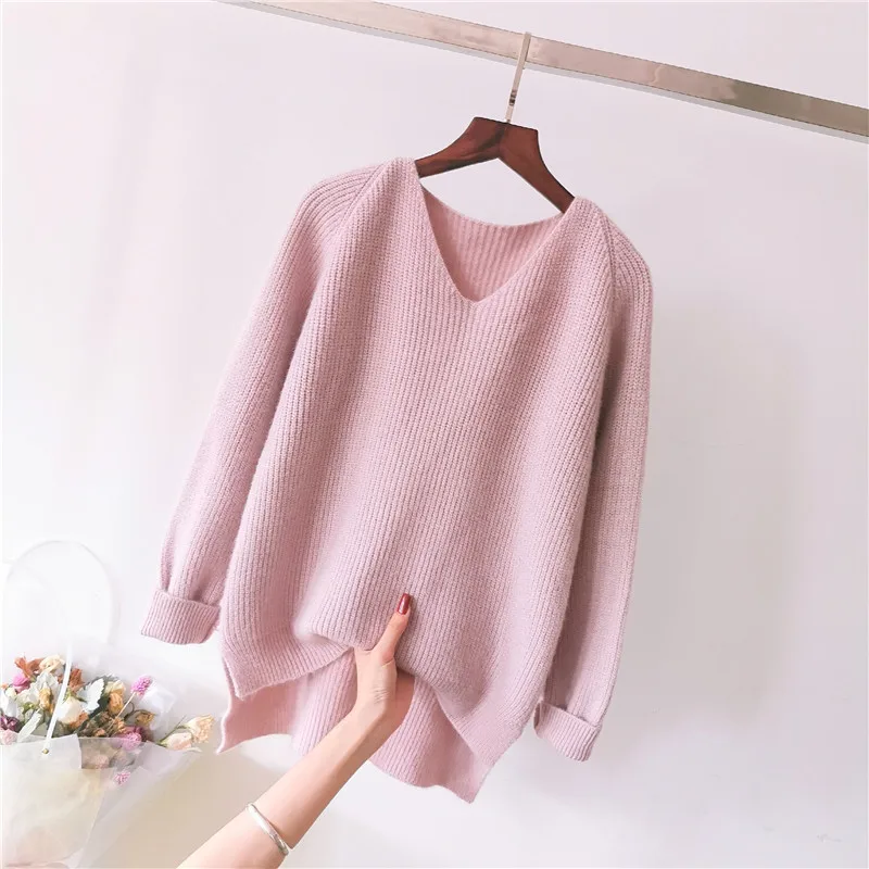 2019 Winter new sweaters solid color V-neck pullover women's full sleeve casual cotton autumn | Женская одежда