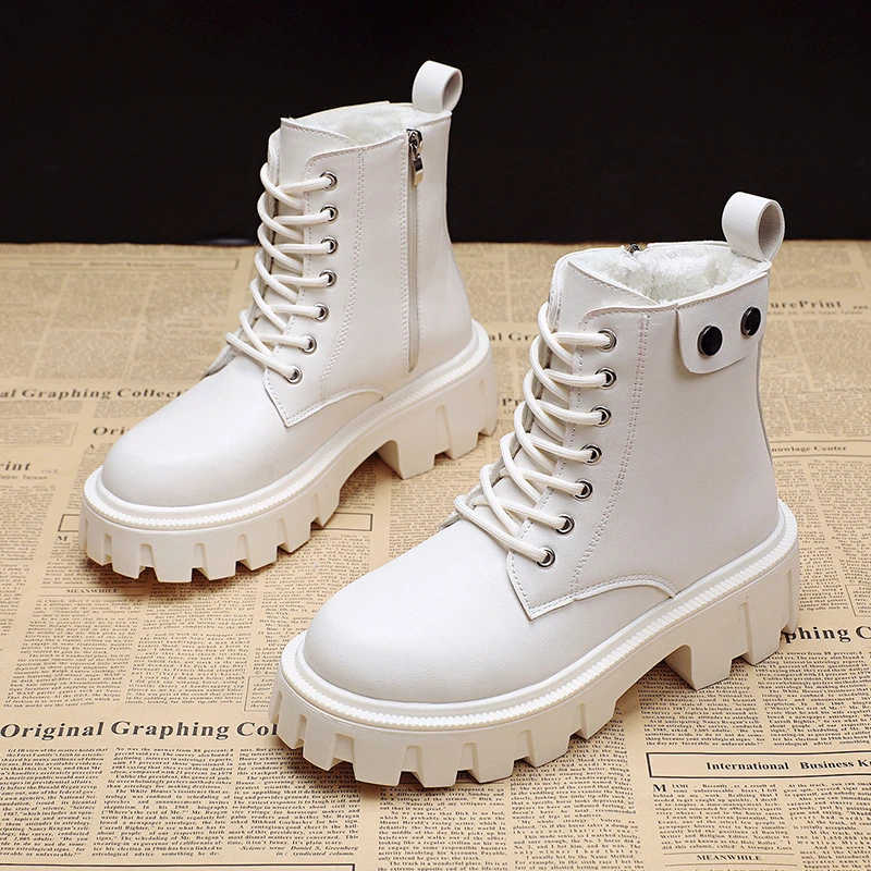 

Женские ботильоны с теплым мехом, черные или белые боевые ботинки на платформе, повседневная обувь в готическом стиле, Осень-зима 2022