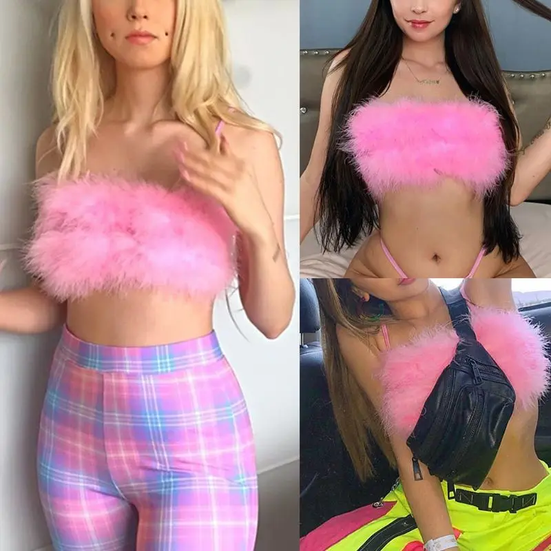 Женский пикантный укороченный топ без рукавов на тонких бретельках с перьями