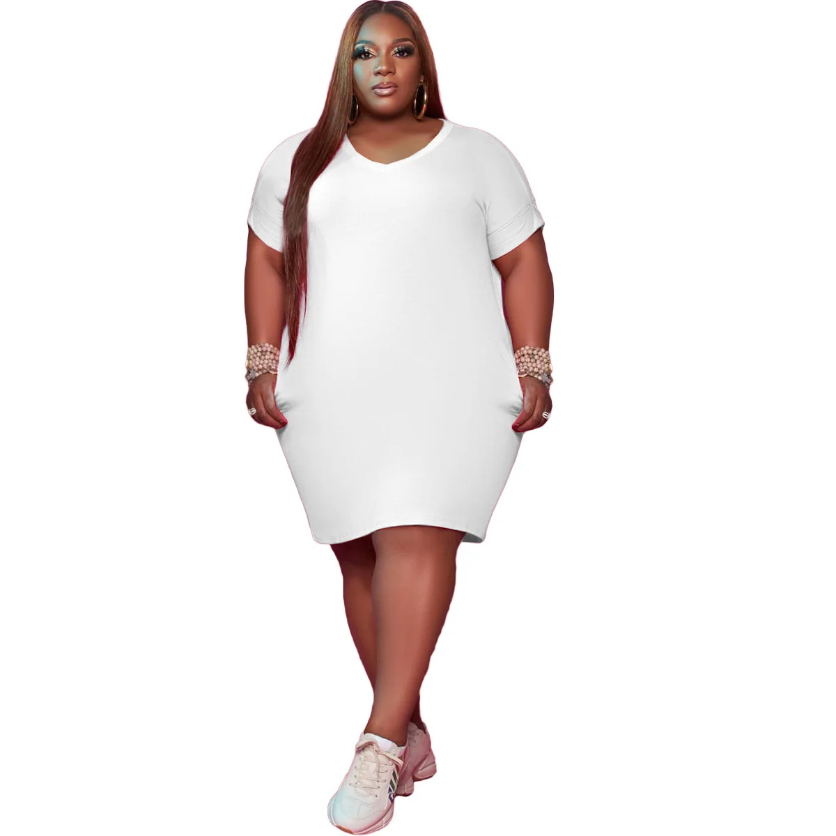 HAOOHU Women Clothing Plus Size Dresses 2021 Solid Casual Knee-length Dress Loose Short Sleeve V-neck Pullover Pockets Urban 5XL plus size square neck pockets design pullover