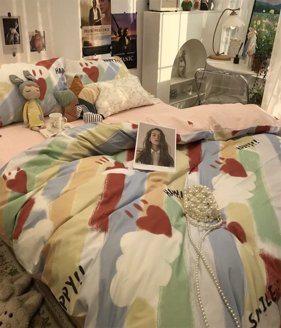 

Lovely colorful stripes sweet heart bedding set kid teen,cotton twin full queen home textile bed sheet pillowcase duvet cover