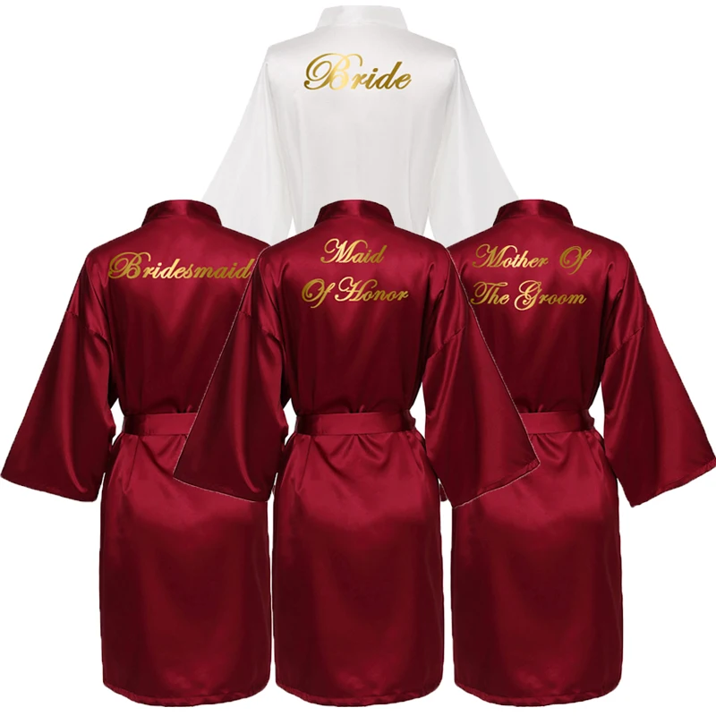 Satin Silk Bride Robe Women Wedding Party Bridesmaid Robes Bride Dressing Gown Bridal Bathrobe Gold Print Burgundy