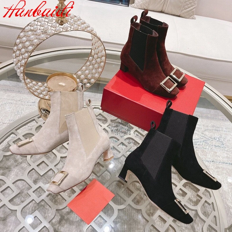 

Женские ботильоны из натуральной замши, модные женские короткие ботинки на массивном высоком каблуке, модельные вечерние классические бот...