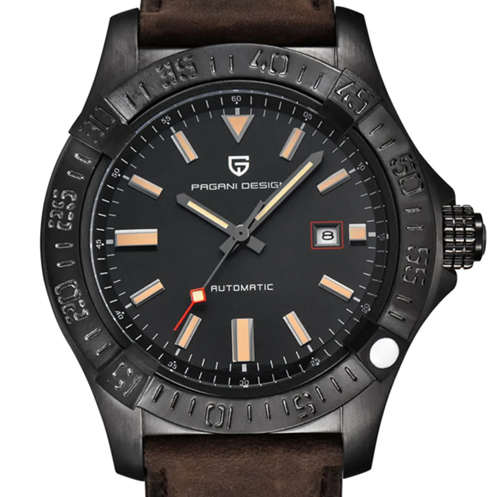 Pagani Дизайн черный циферблат чехол из нержавеющей стали оранжевый указатель Кожа