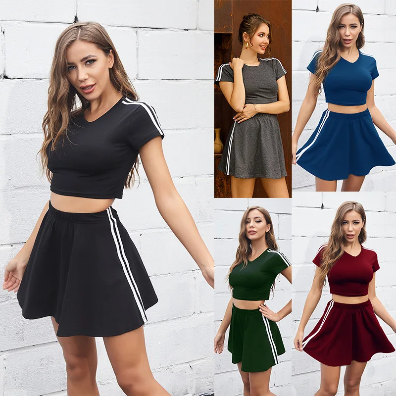 

bikoles new summer Fashion Sexy V Neck Short Sleeve Short Skirt Tops Women's Two Piece Set 2021 Casual stripe Ladies Skirt suit
