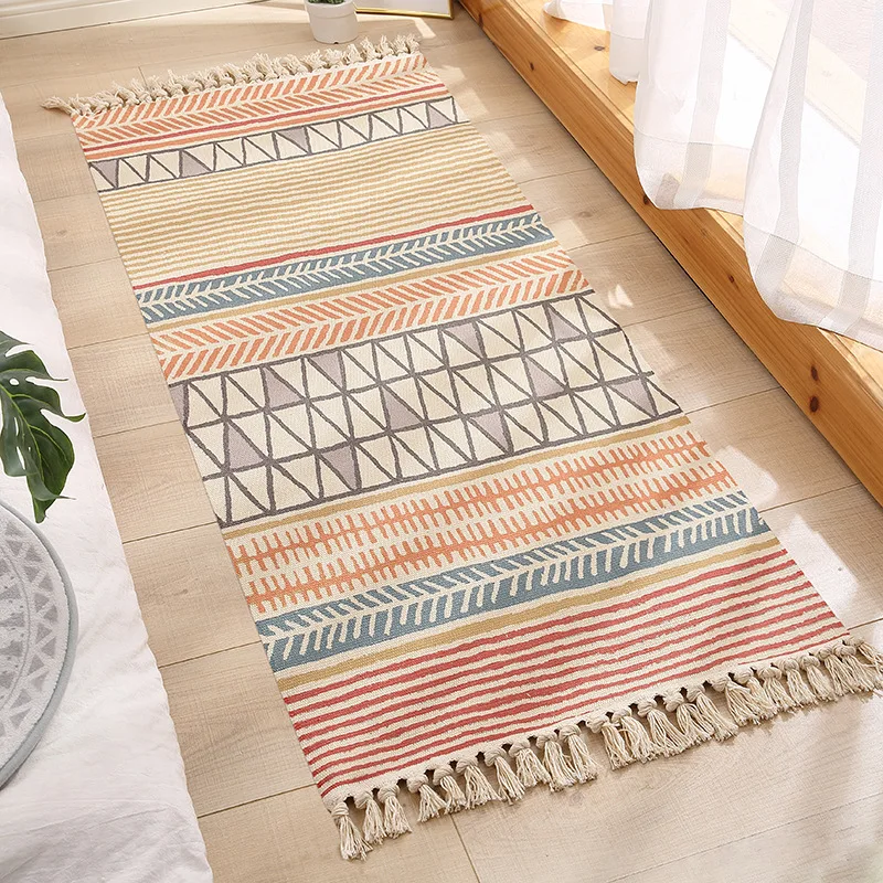 

Cotton and Linen Floor Mats Rectangular Ethnic Style Woven Carpets Bedside Mats Bedroom Living Room Decorative Carpets