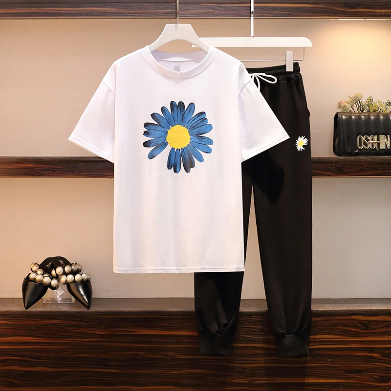 

big yards new sister coat loose sweatshirt trousers women two pcs leisure suits floral print top suit casual outfit summer