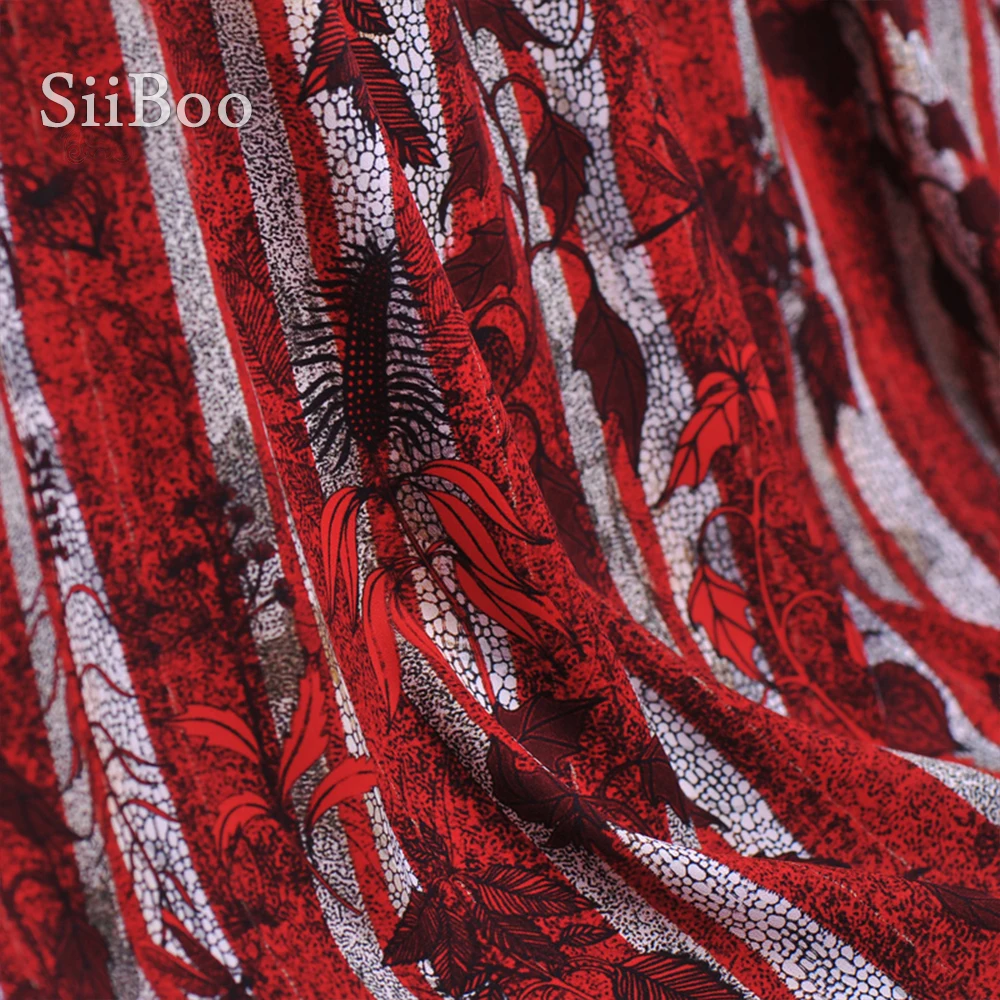 Роскошная красно синяя шелковая ткань стрейч в полоску с растительным принтом