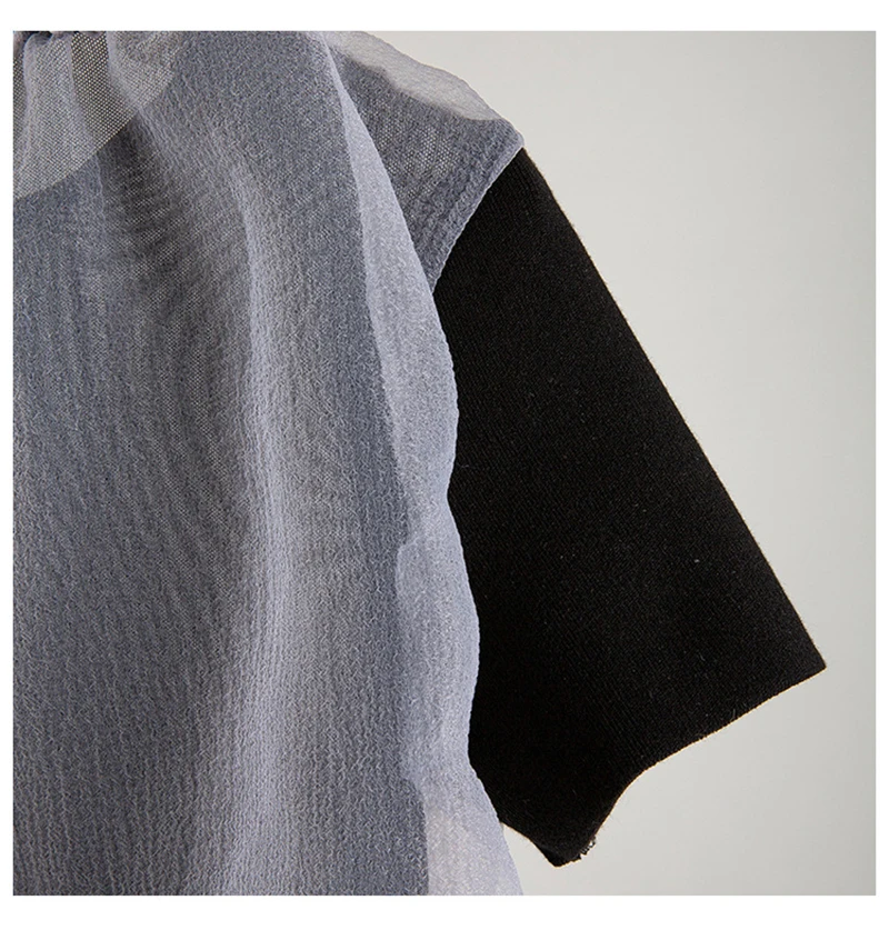 

Women Gray Mesh Split Joint False Two T-shirt New Round Neck Short Sleeve Fashion Tide Spring Summer 2020 U243