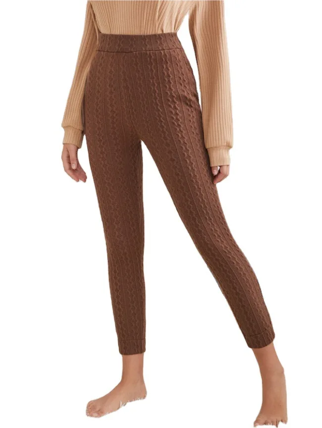 

High Waist Knitted Home Casual Pants Brown Trouser Skinny Ankle-Length Pants for Women
