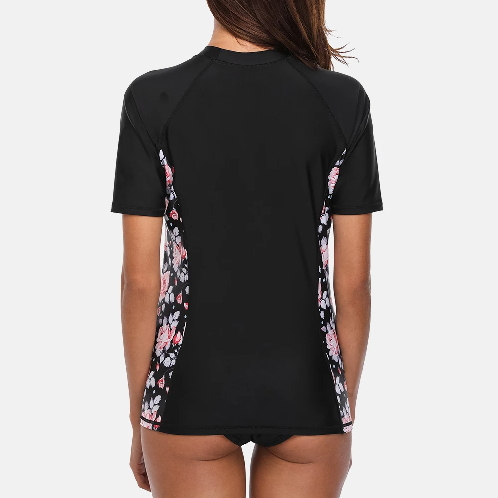 Anfilia Women Short Sleeve Rashguard Swimsuit Floral Print Running Shirt Biking Shirt Surfing Top Swimwear Rash Guard UPF 50+