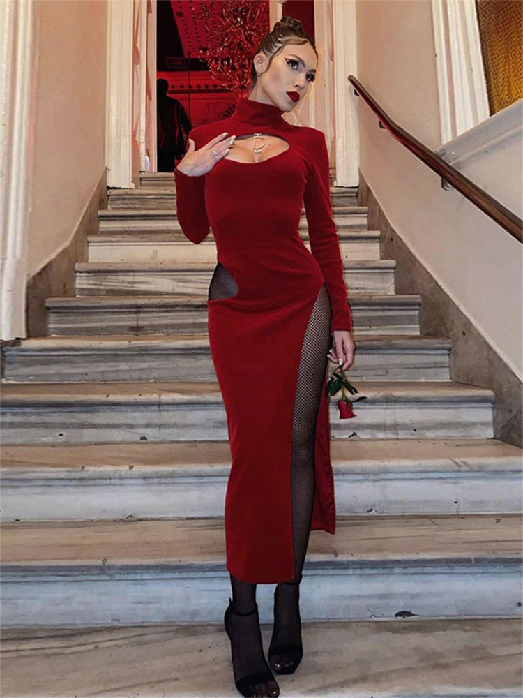 

Olomlb 2021 Long Sleeve Turtleneck Bodycon Ribbed Velvet Dress Women Autumn Winter Fashion Solid Slim Sexy Midi Women's Dresses