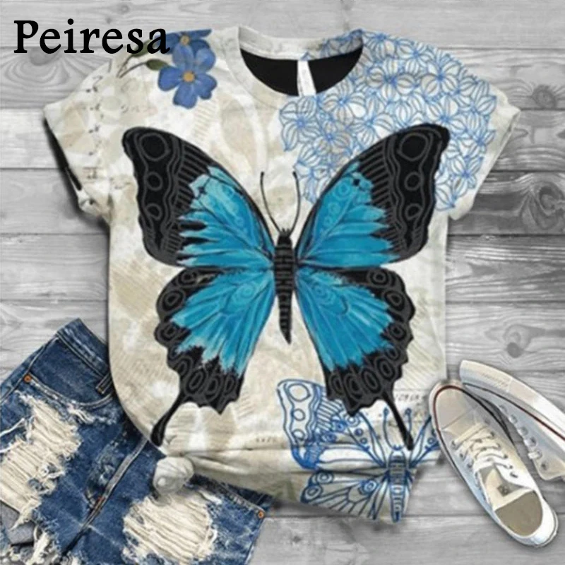 

Women Short Sleeve 3D Butterfly Animal Print T Shirt New Summer Casual Loose Cute Dog Tshirts Fashion Female Tees Top Plus Size