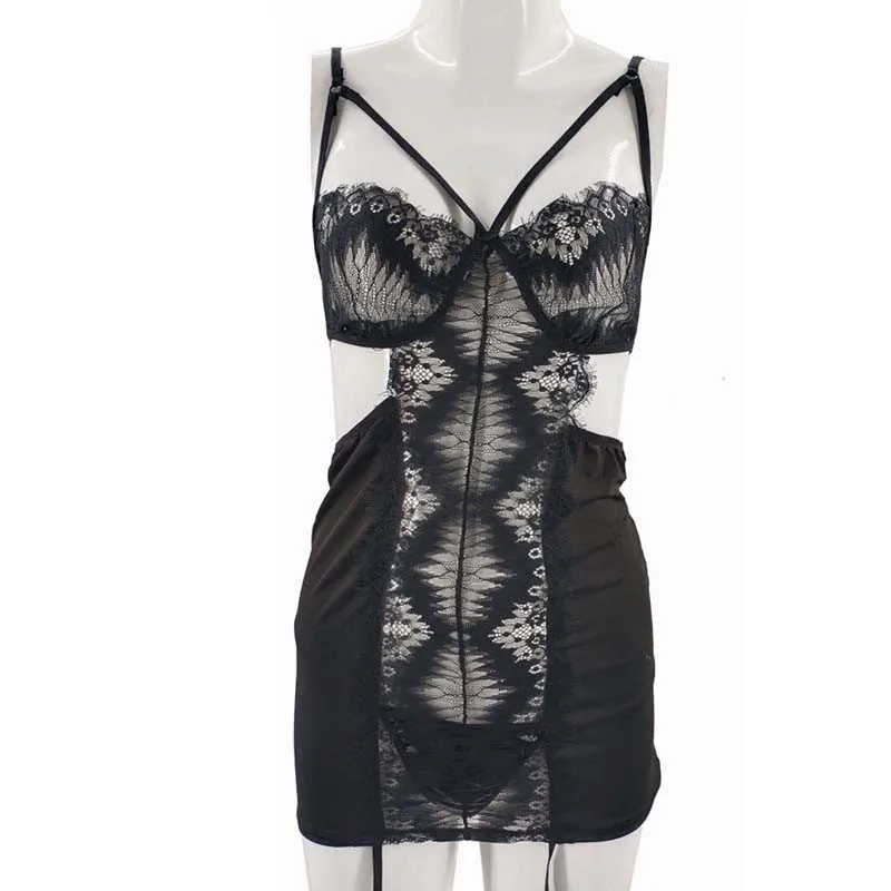 

New Sexy Women Porno LingerieEyelash Lace Babydoll Dress with Panty Spaghetti Straps Hollow Out Open Back Sheer Mesh Sleepwear