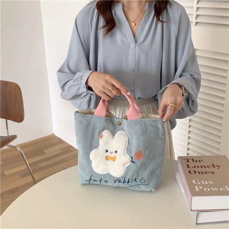 

Kawaii Cartoon Rabbit Embroidered Canvas Bag Corduroy Handbag Bento Bag