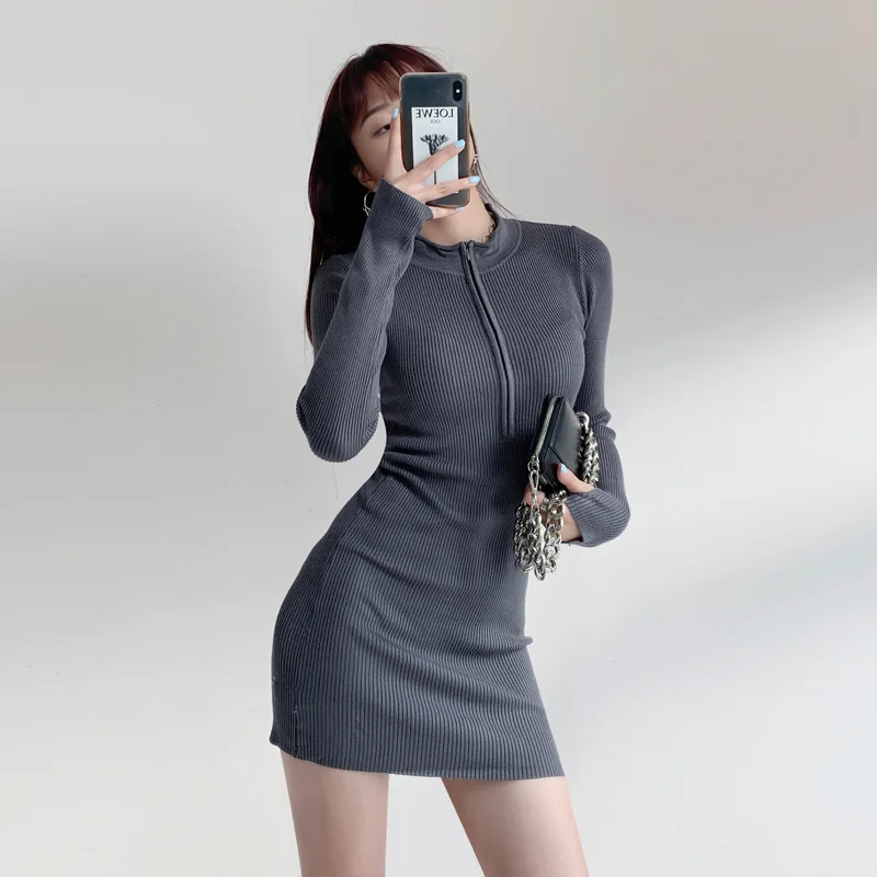 

Dress Sets Womens Outfits Korean Knitted Sweater Winter Pullover Mini Long Sleeve Bodycon Party Casual Zipper Black Gray Blue