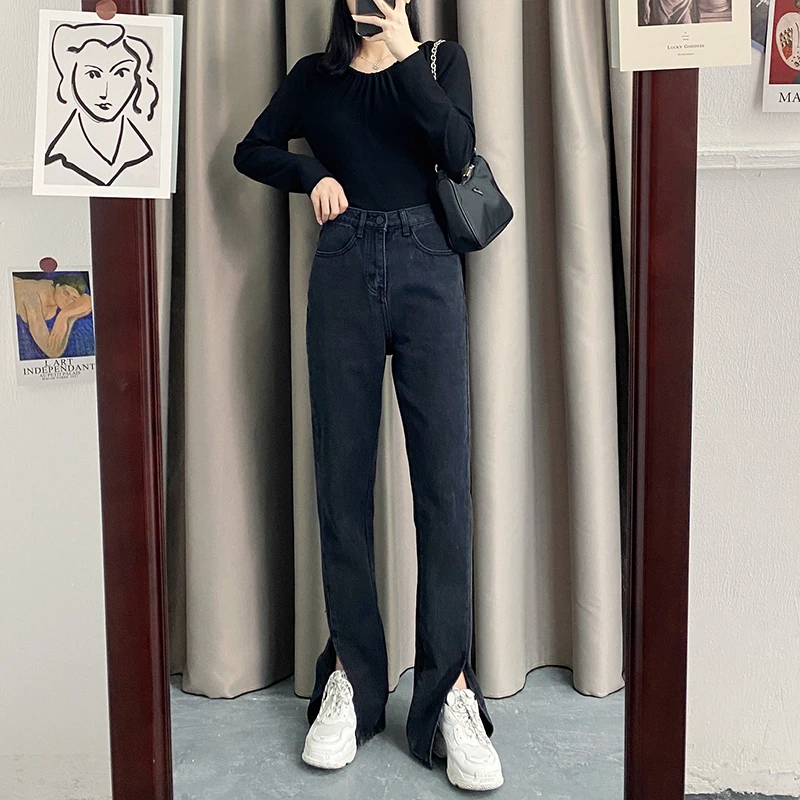 

Autumn and winter new vintage blue plus velvet straight tube slit jeans female mop pants