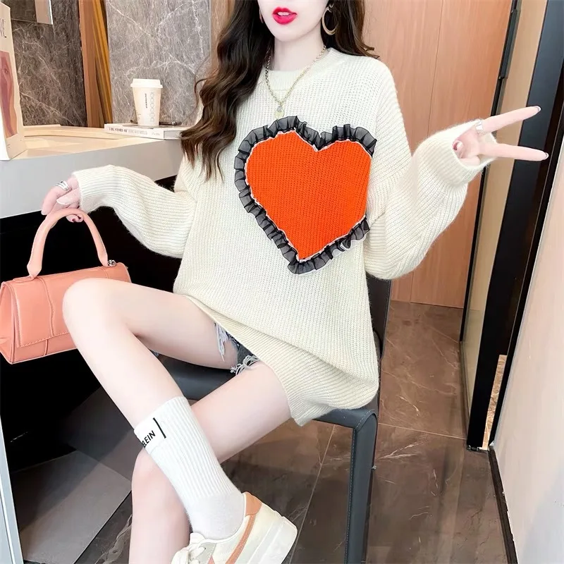 

Осень-зима 2022, женские свитера с длинным рукавом, пуловеры, свободный лоскутный кружевной женский джемпер с круглым вырезом X240